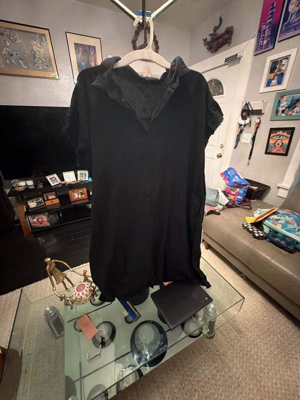 Umgee Black Linen Frayed Hem Tunic Dress